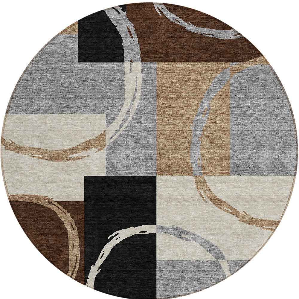 8' Pewter Gray And Black Round Geometric Washable Indoor Outdoor Area Rug