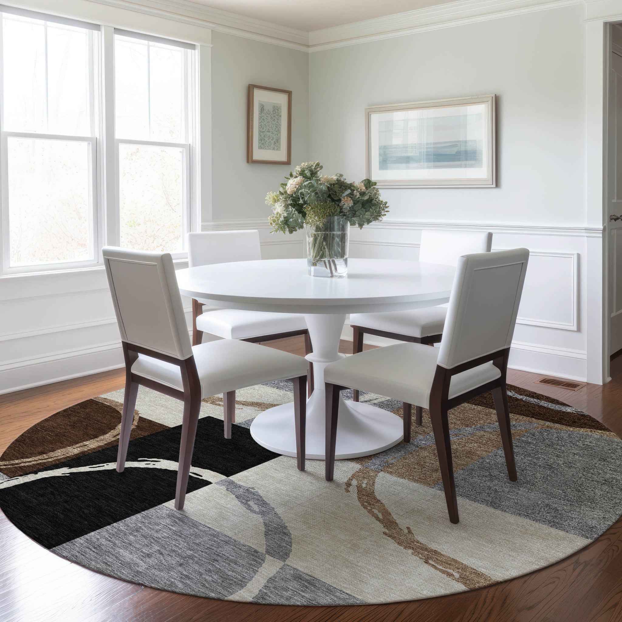 8' Pewter Gray And Black Round Geometric Washable Indoor Outdoor Area Rug