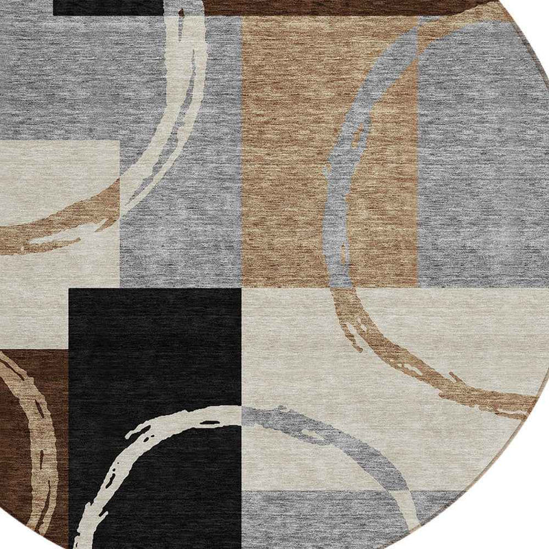 8' Pewter Gray And Black Round Geometric Washable Indoor Outdoor Area Rug