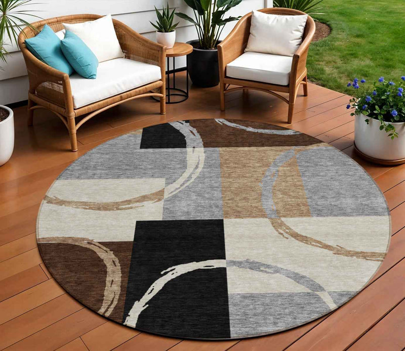 8' Pewter Gray And Black Round Geometric Washable Indoor Outdoor Area Rug