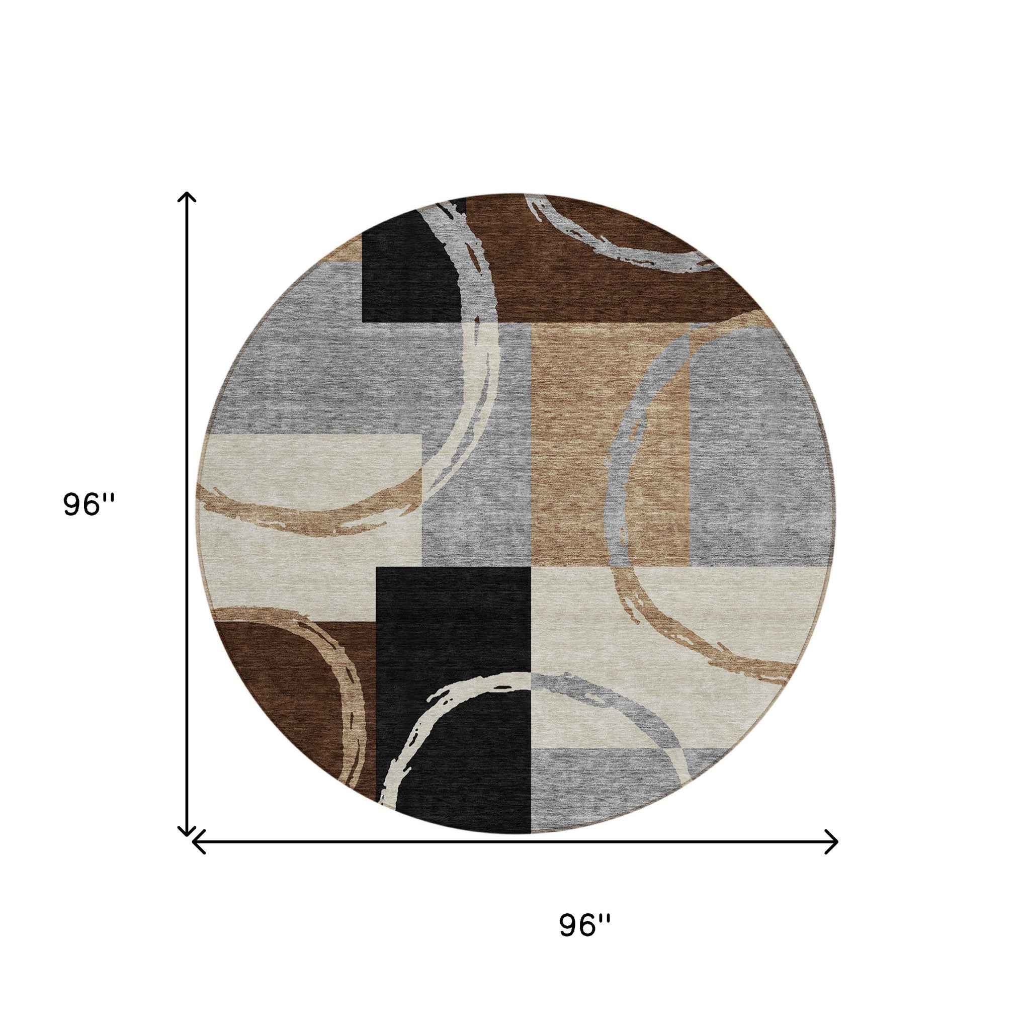 8' Pewter Gray And Black Round Geometric Washable Indoor Outdoor Area Rug