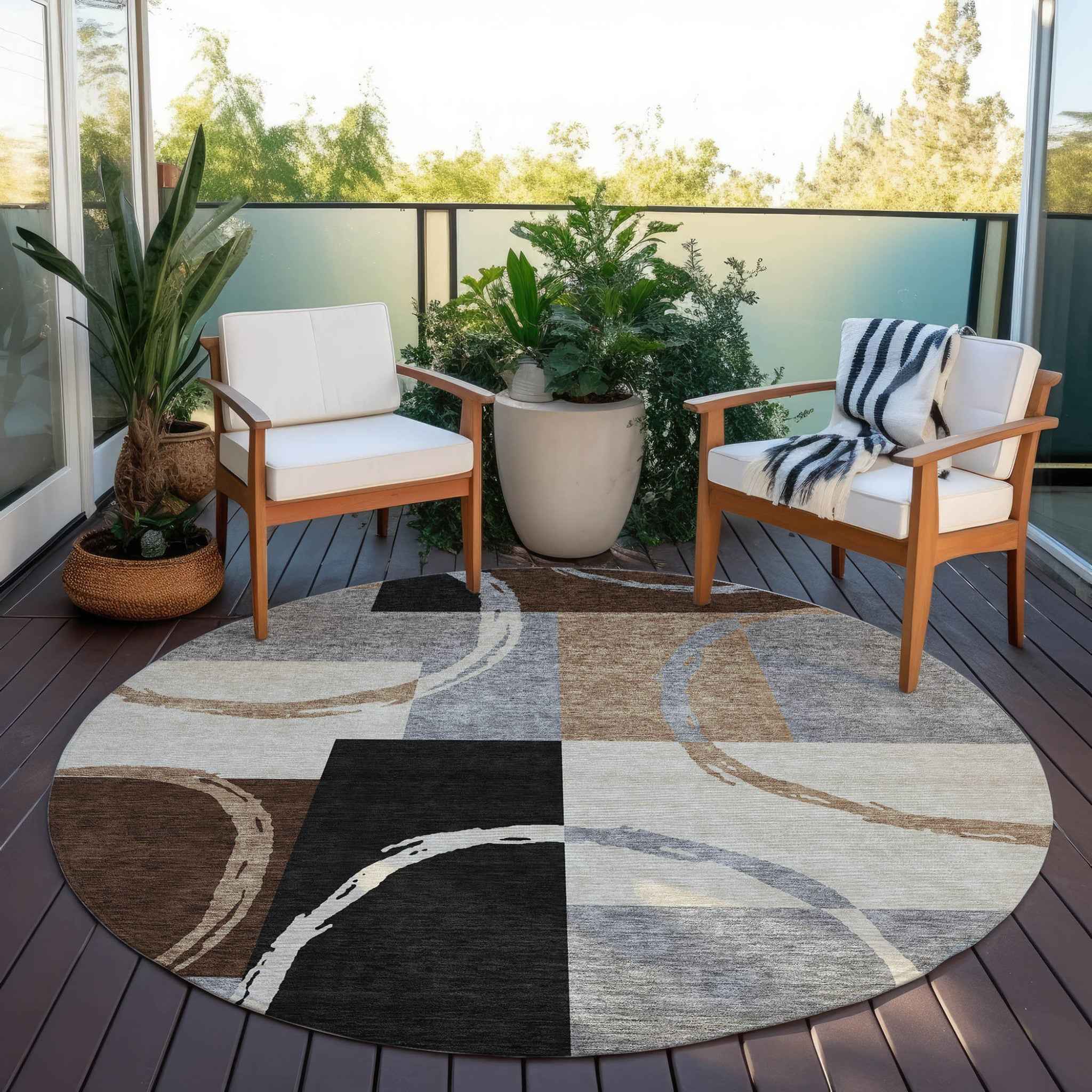 8' Pewter Gray And Black Round Geometric Washable Indoor Outdoor Area Rug