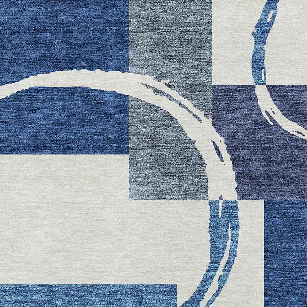 8' X 10' Blue And Ivory Geometric Washable Indoor Outdoor Area Rug