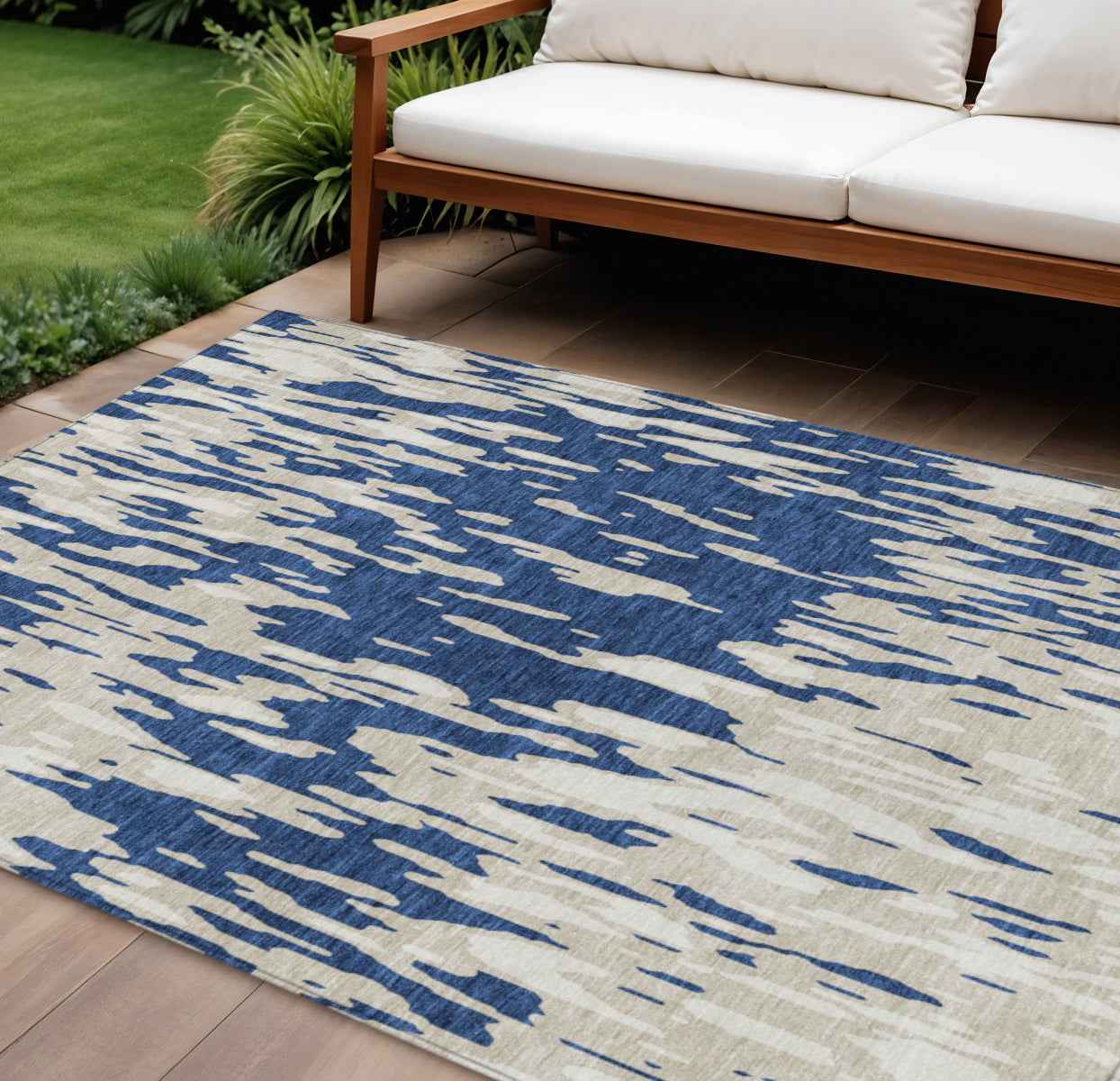 10' X 14' Navy Blue And Ivory Abstract Washable Indoor Outdoor Area Rug