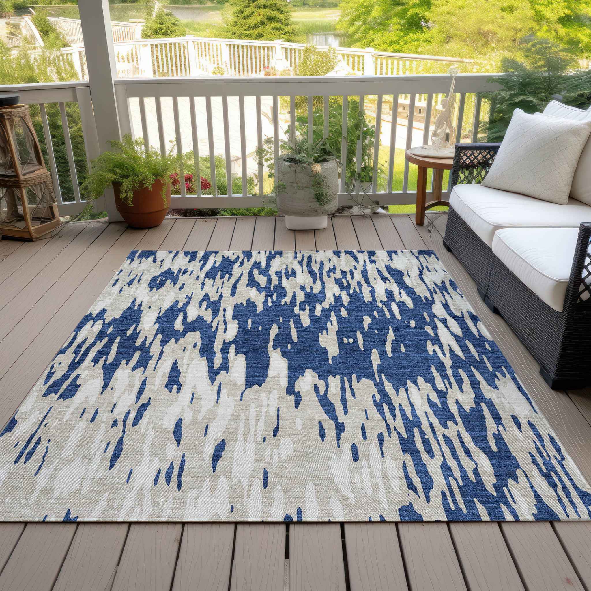 10' X 14' Navy Blue And Ivory Abstract Washable Indoor Outdoor Area Rug