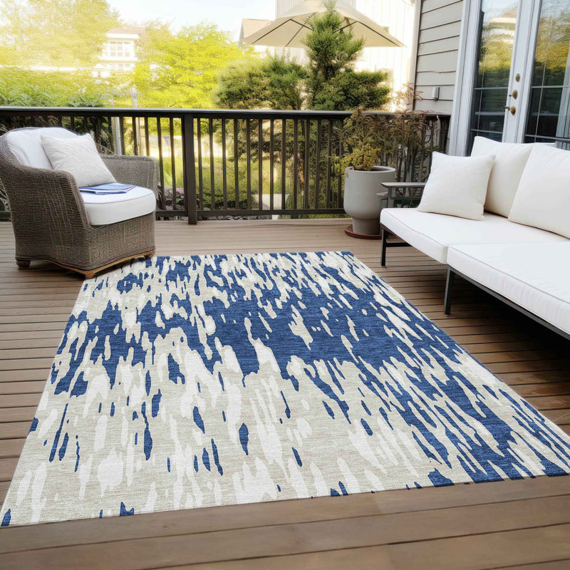 5' X 8' Navy Blue And Ivory Abstract Washable Indoor Outdoor Area Rug