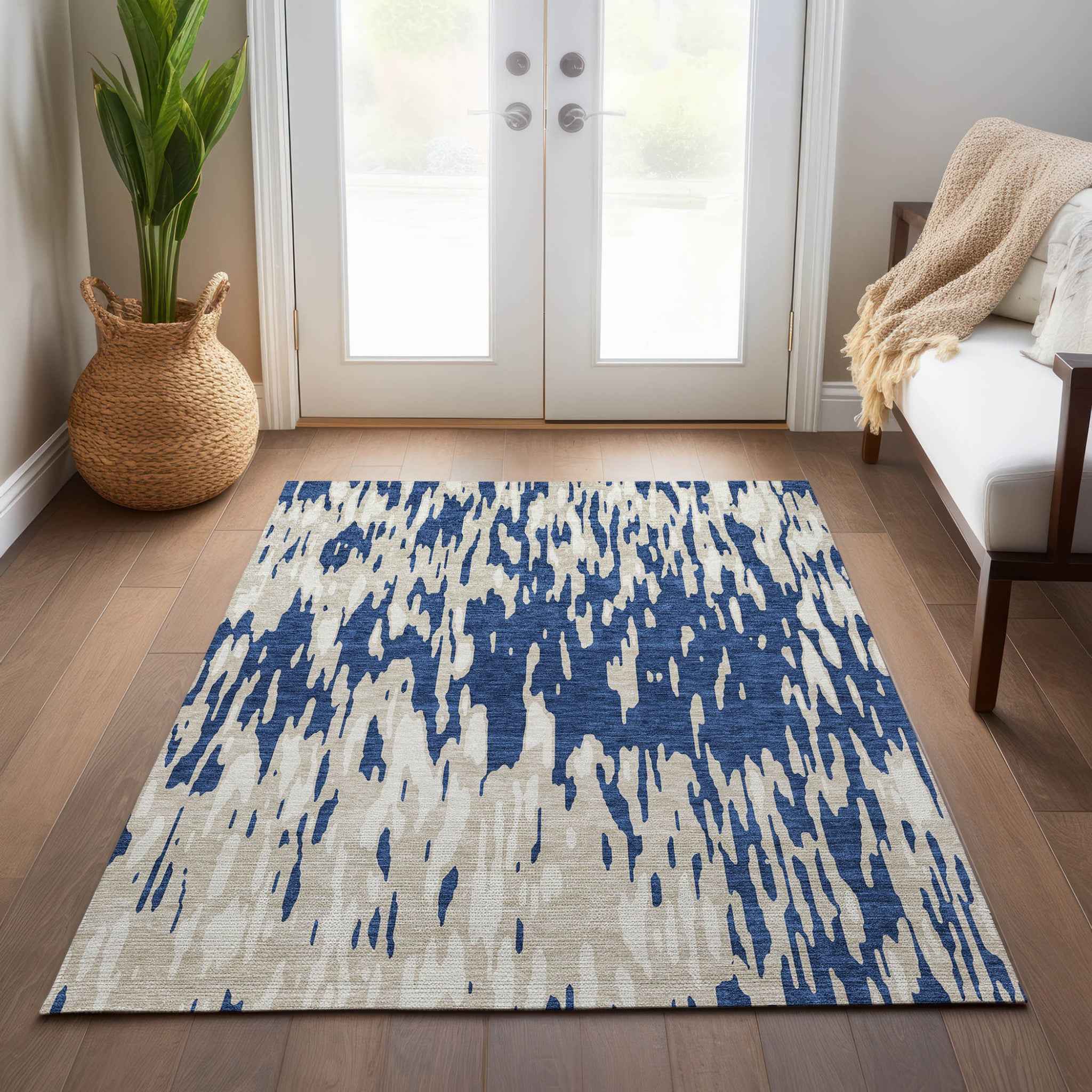 5' X 8' Navy Blue And Ivory Abstract Washable Indoor Outdoor Area Rug