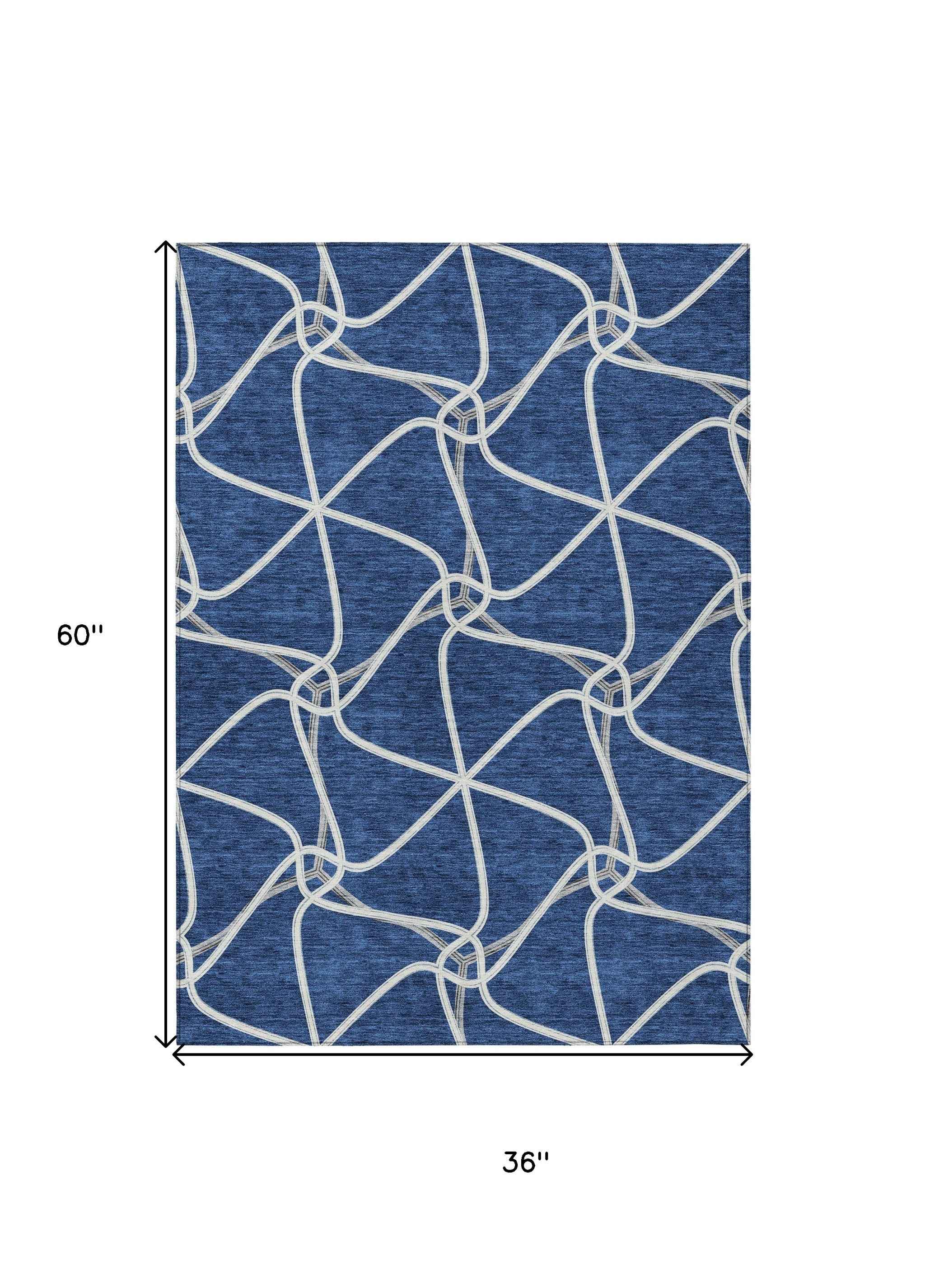 3' X 5' Blue And Ivory Geometric Washable Indoor Outdoor Area Rug