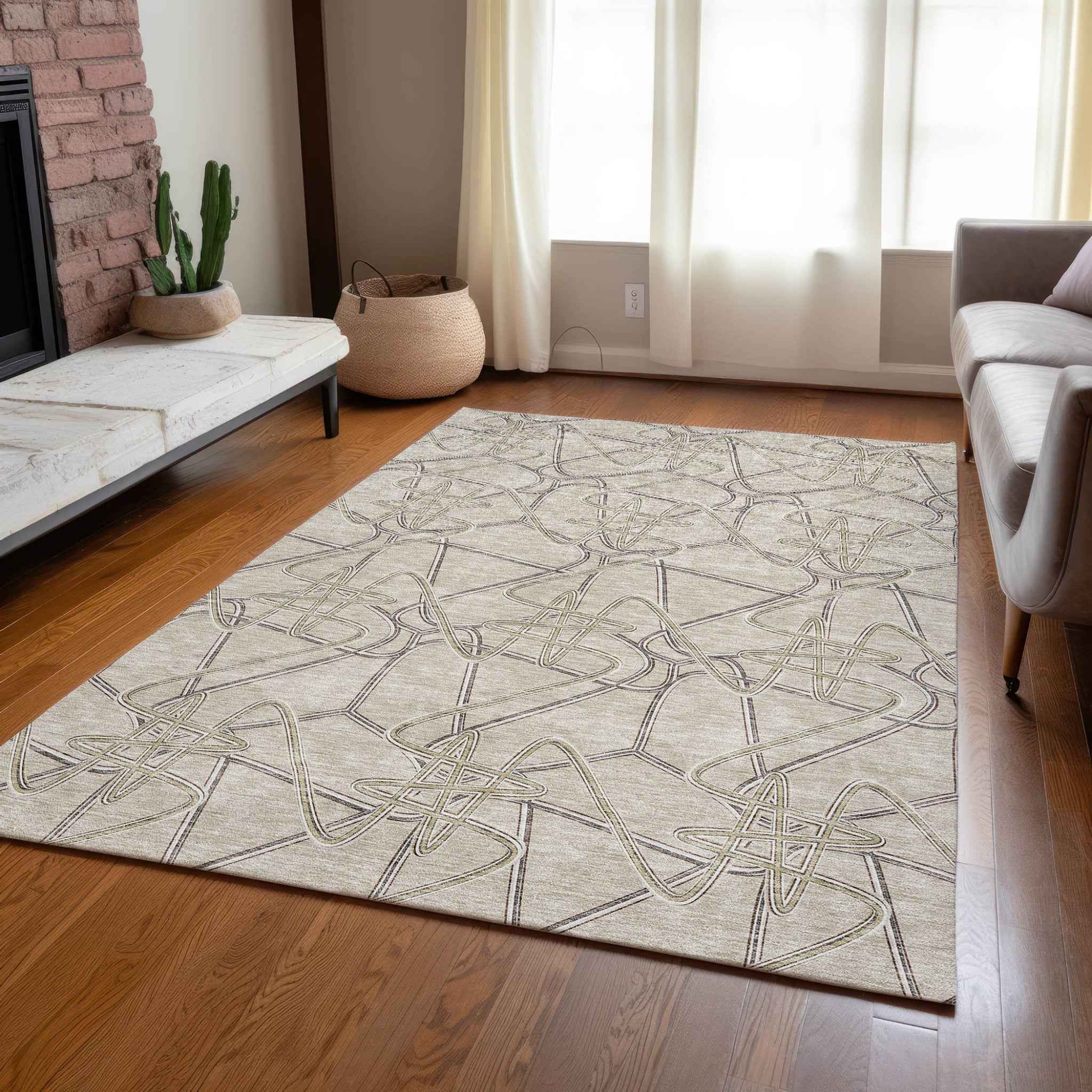 8' X 10' Beige Ivory And Gray Geometric Washable Indoor Outdoor Area Rug