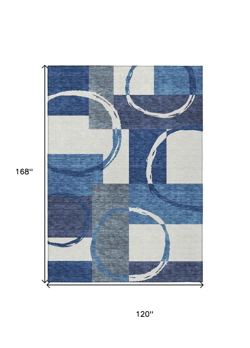 10' X 14' Blue And Ivory Geometric Washable Indoor Outdoor Area Rug