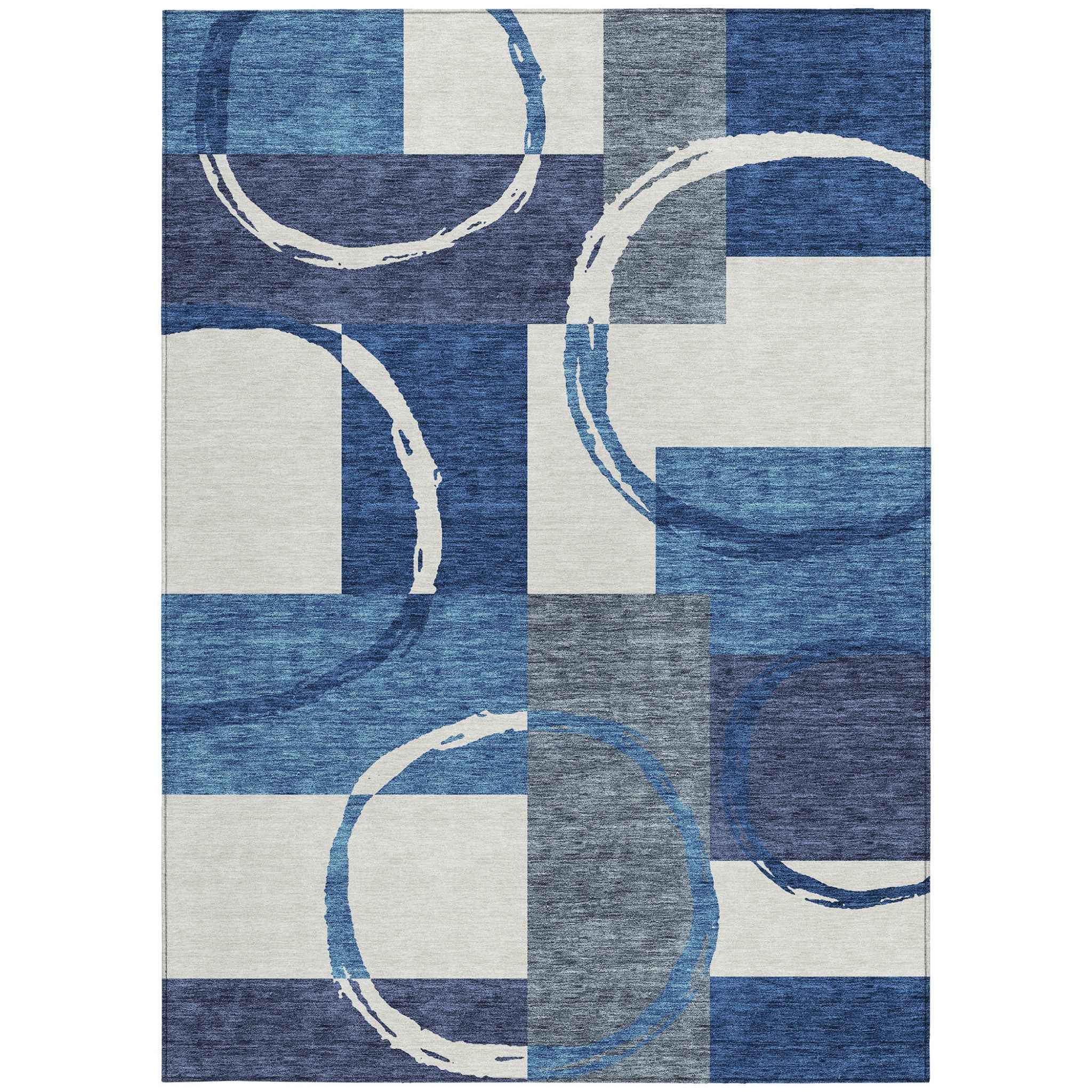10' X 14' Blue And Ivory Geometric Washable Indoor Outdoor Area Rug