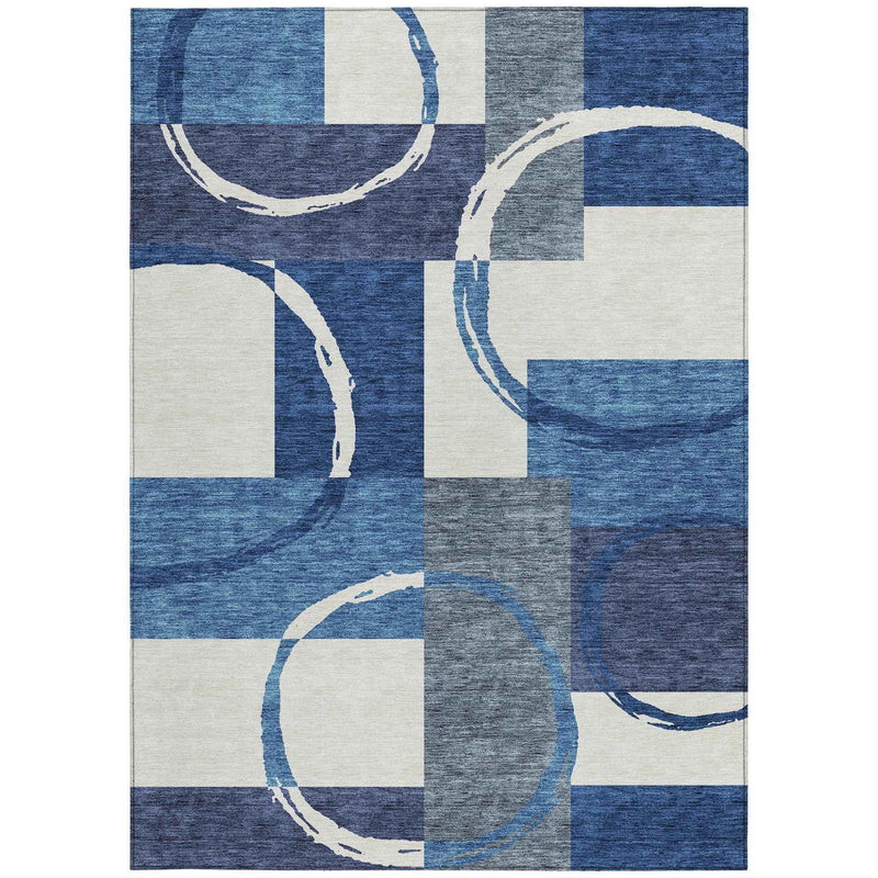 10' X 14' Blue And Ivory Geometric Washable Indoor Outdoor Area Rug