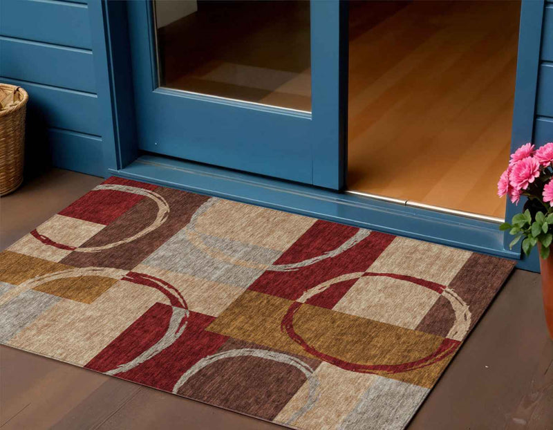 3' X 5' Wheat And Burgundy Geometric Washable Indoor Outdoor Area Rug