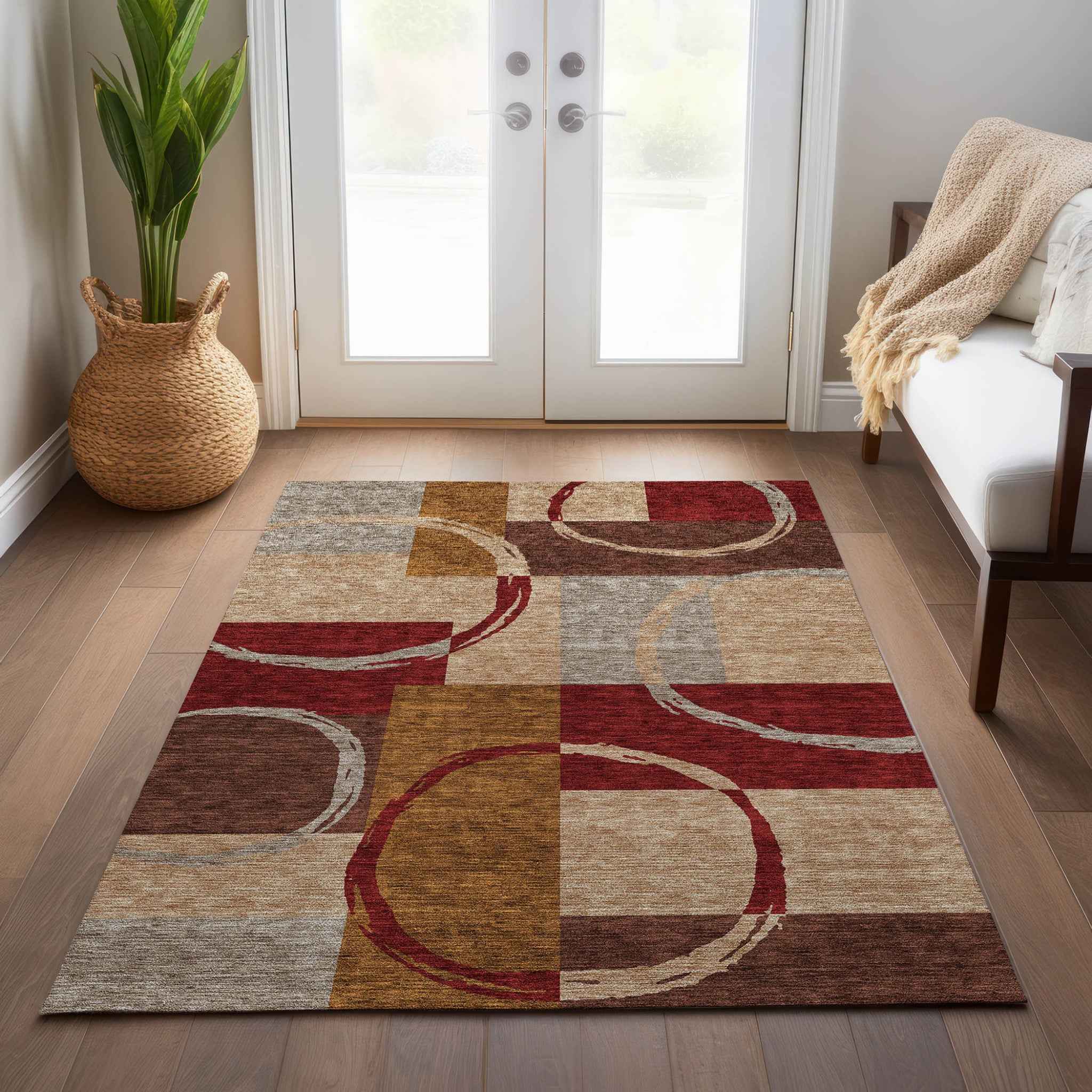 3' X 5' Wheat And Burgundy Geometric Washable Indoor Outdoor Area Rug