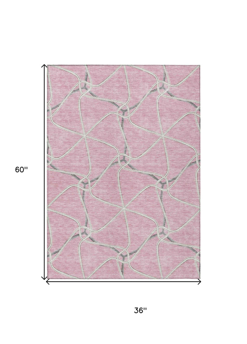 3' X 5' Pink And Ivory Geometric Washable Indoor Outdoor Area Rug