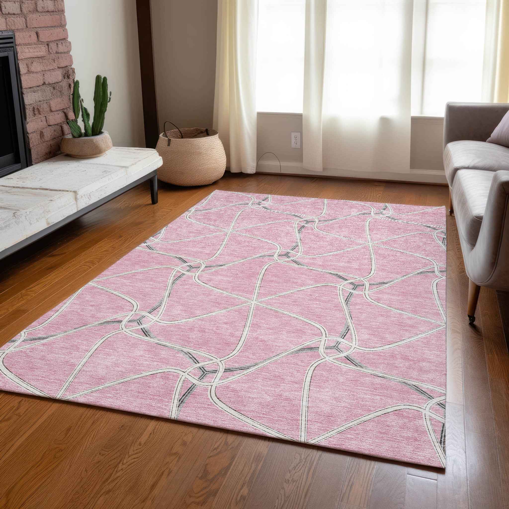 3' X 5' Pink And Ivory Geometric Washable Indoor Outdoor Area Rug