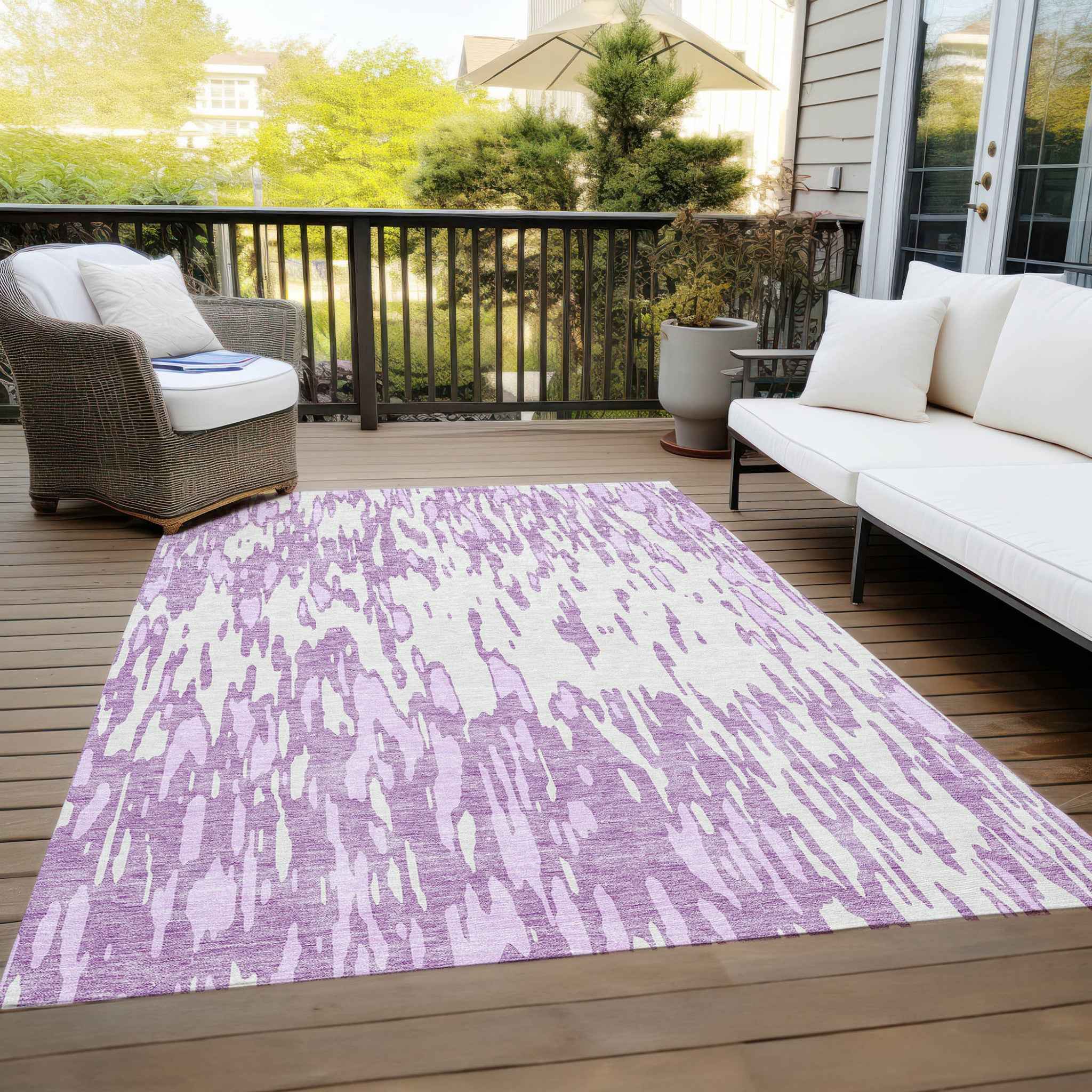 9' X 12' Lavender And Ivory Abstract Washable Indoor Outdoor Area Rug