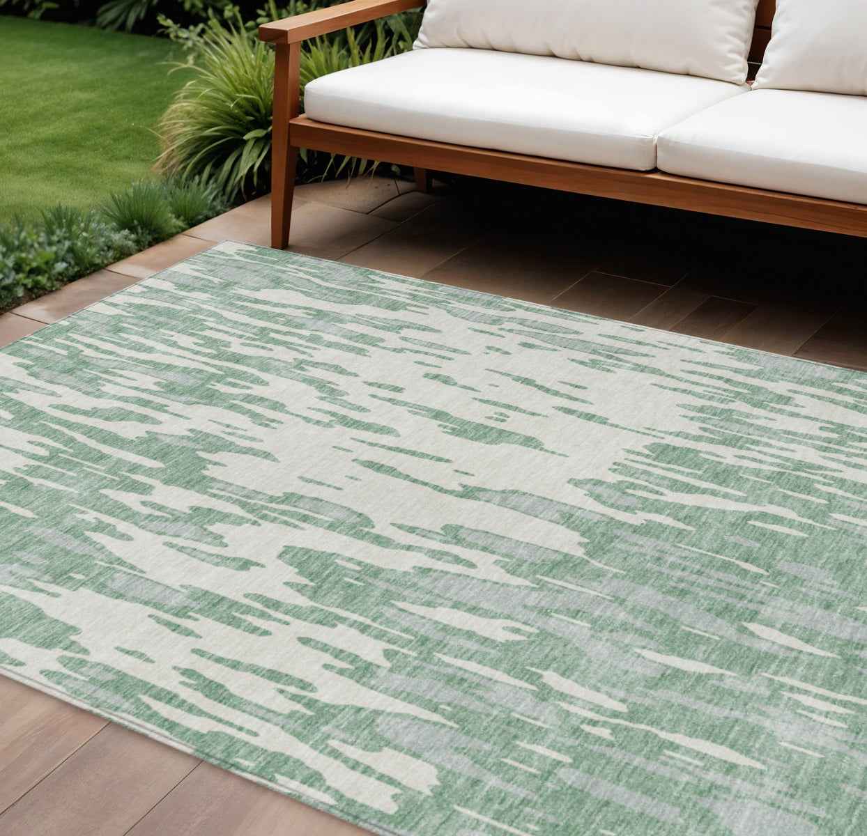 8' X 10' Sage And Ivory Abstract Washable Indoor Outdoor Area Rug