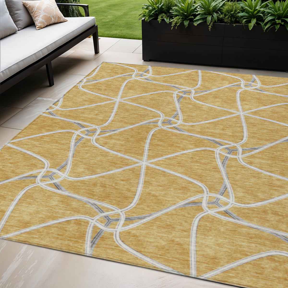 5' X 8' Gold And Ivory Geometric Washable Indoor Outdoor Area Rug