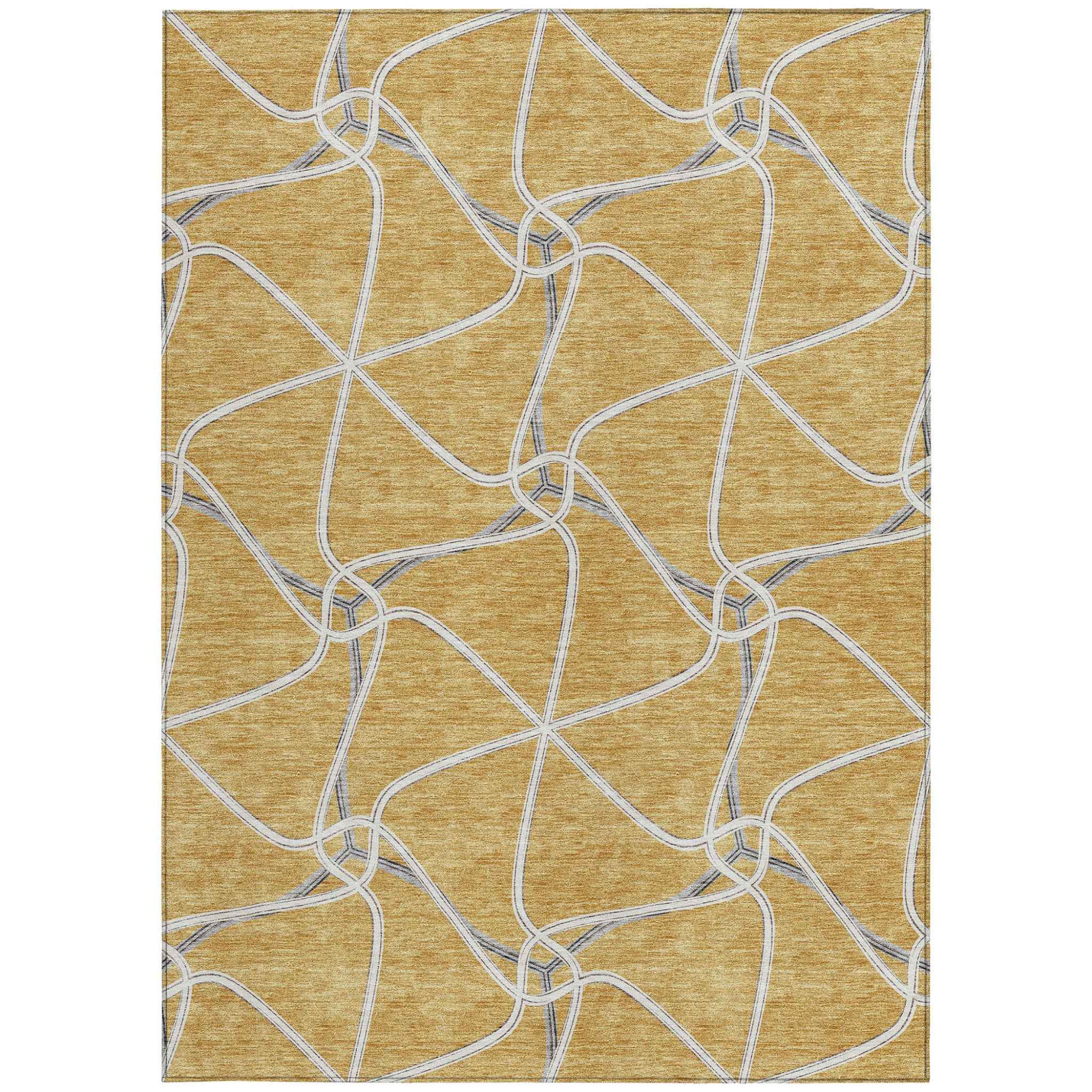 5' X 8' Gold And Ivory Geometric Washable Indoor Outdoor Area Rug