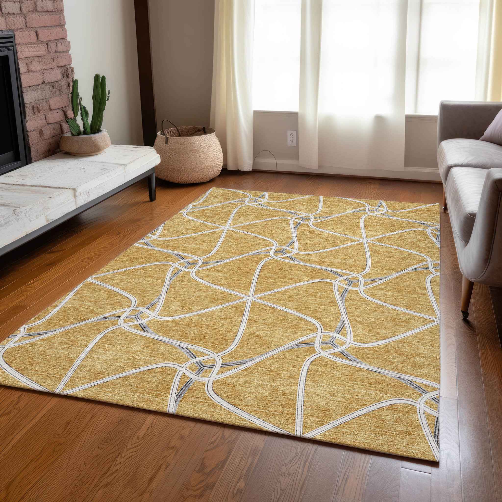 5' X 8' Gold And Ivory Geometric Washable Indoor Outdoor Area Rug