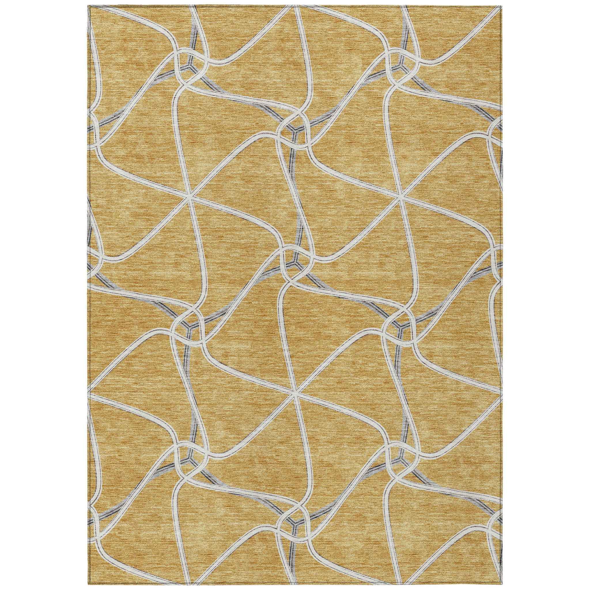 5' X 8' Gold And Ivory Geometric Washable Indoor Outdoor Area Rug