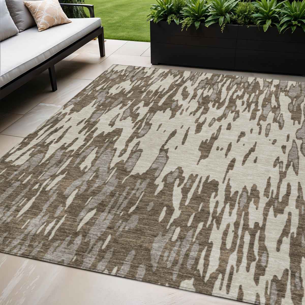 5' X 8' Brown And Ivory Abstract Washable Indoor Outdoor Area Rug