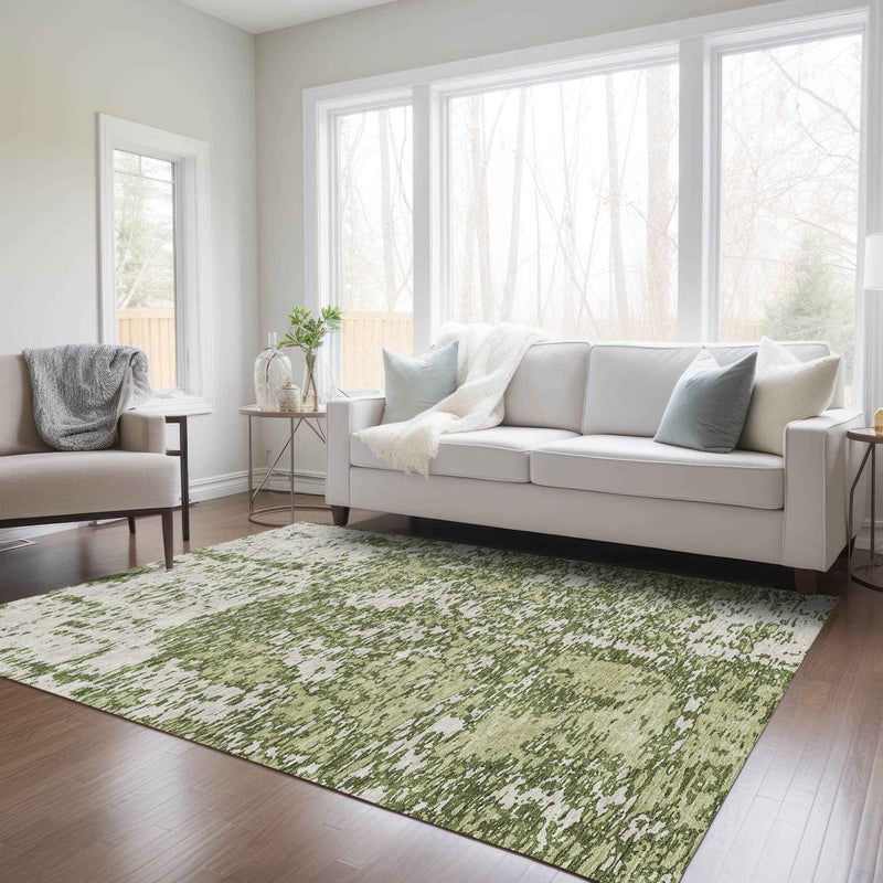 8' X 10' Olive Green And Ivory Abstract Washable Indoor Outdoor Area Rug