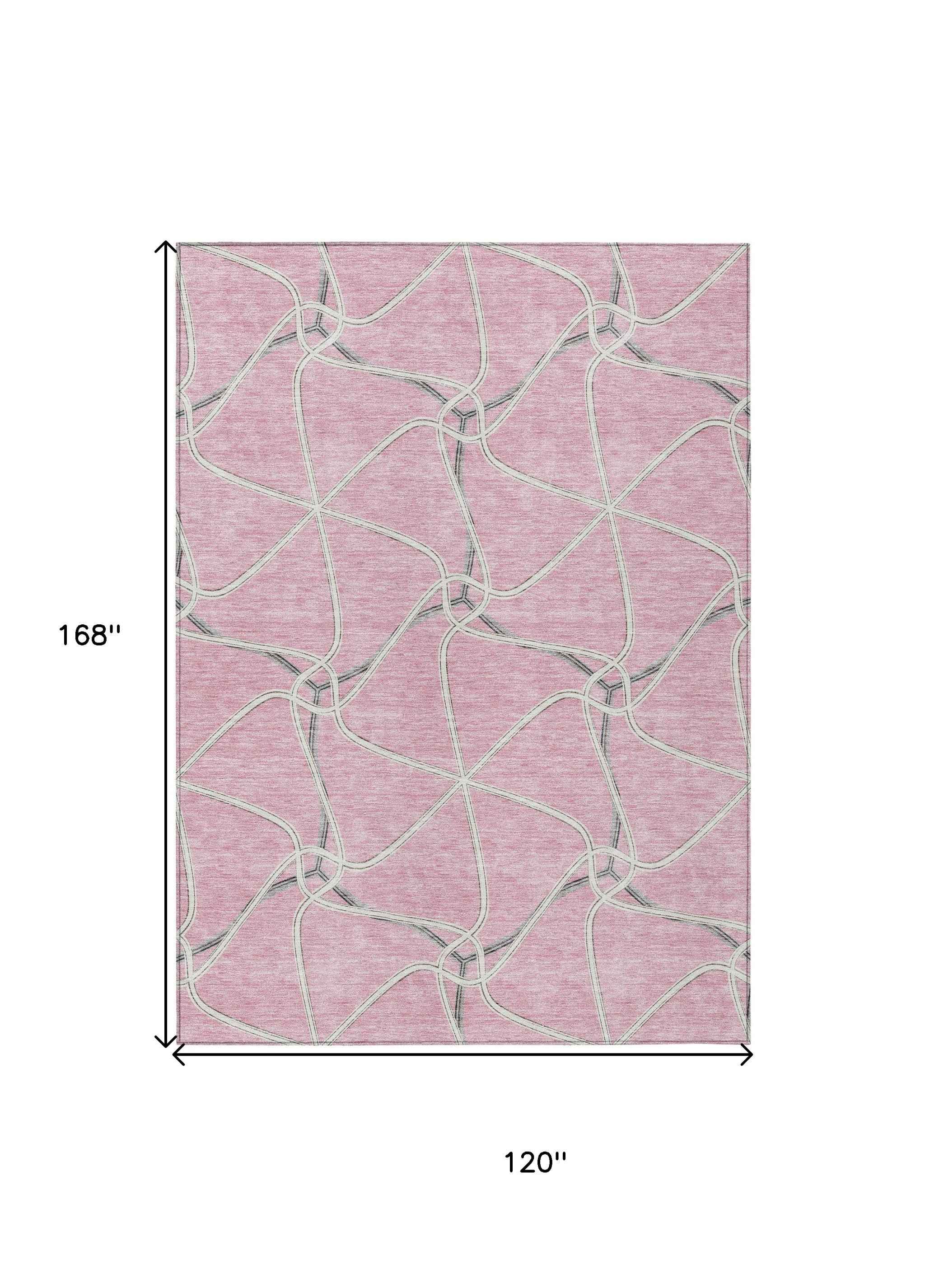 10' X 14' Pink And Ivory Geometric Washable Indoor Outdoor Area Rug