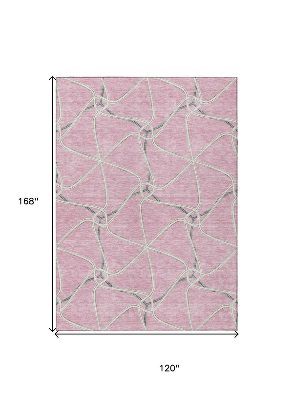10' X 14' Pink And Ivory Geometric Washable Indoor Outdoor Area Rug