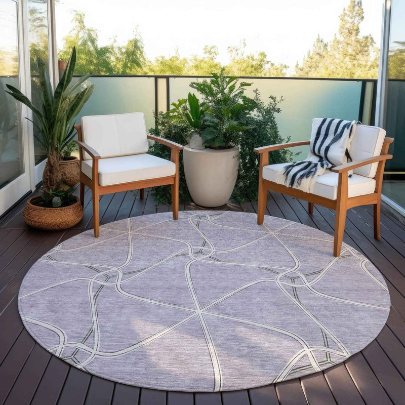 8' Lavender And Ivory Round Geometric Washable Indoor Outdoor Area Rug