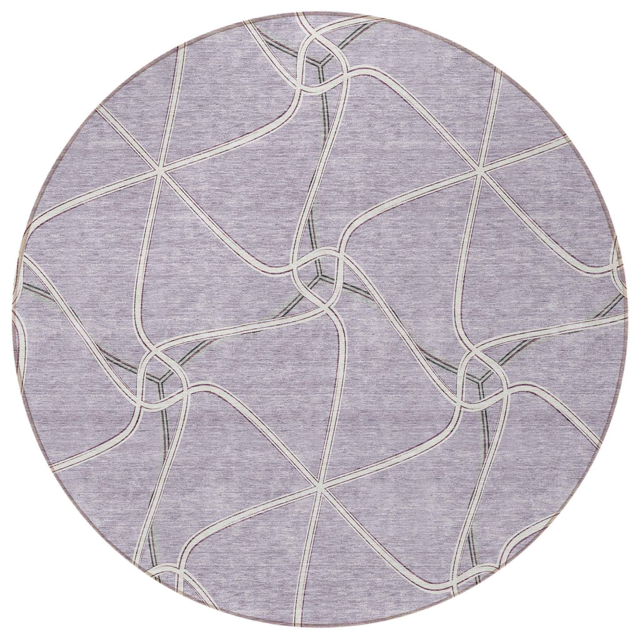 8' Lavender And Ivory Round Geometric Washable Indoor Outdoor Area Rug