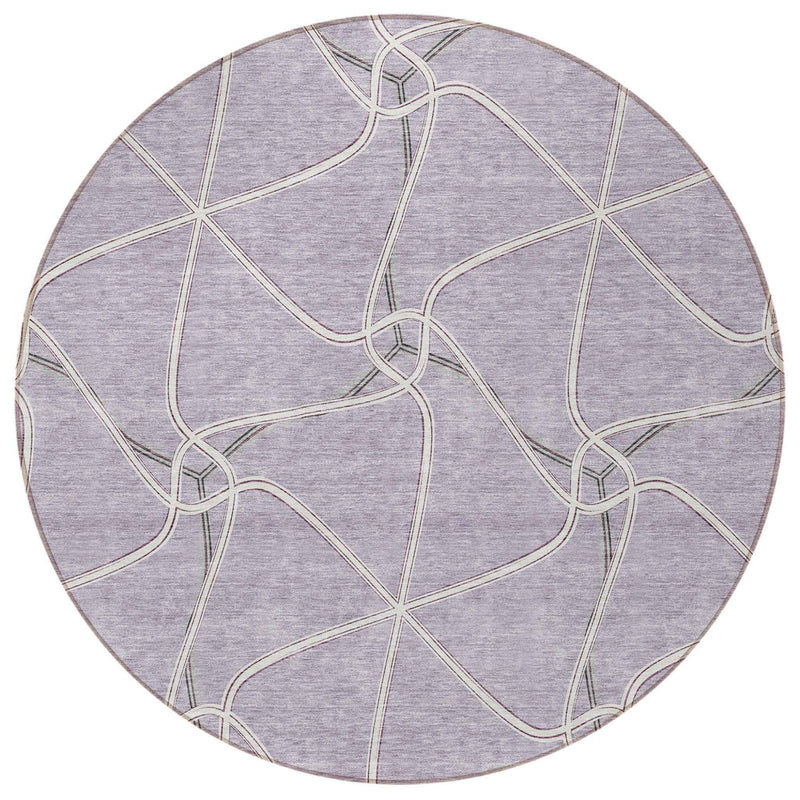 8' Lavender And Ivory Round Geometric Washable Indoor Outdoor Area Rug