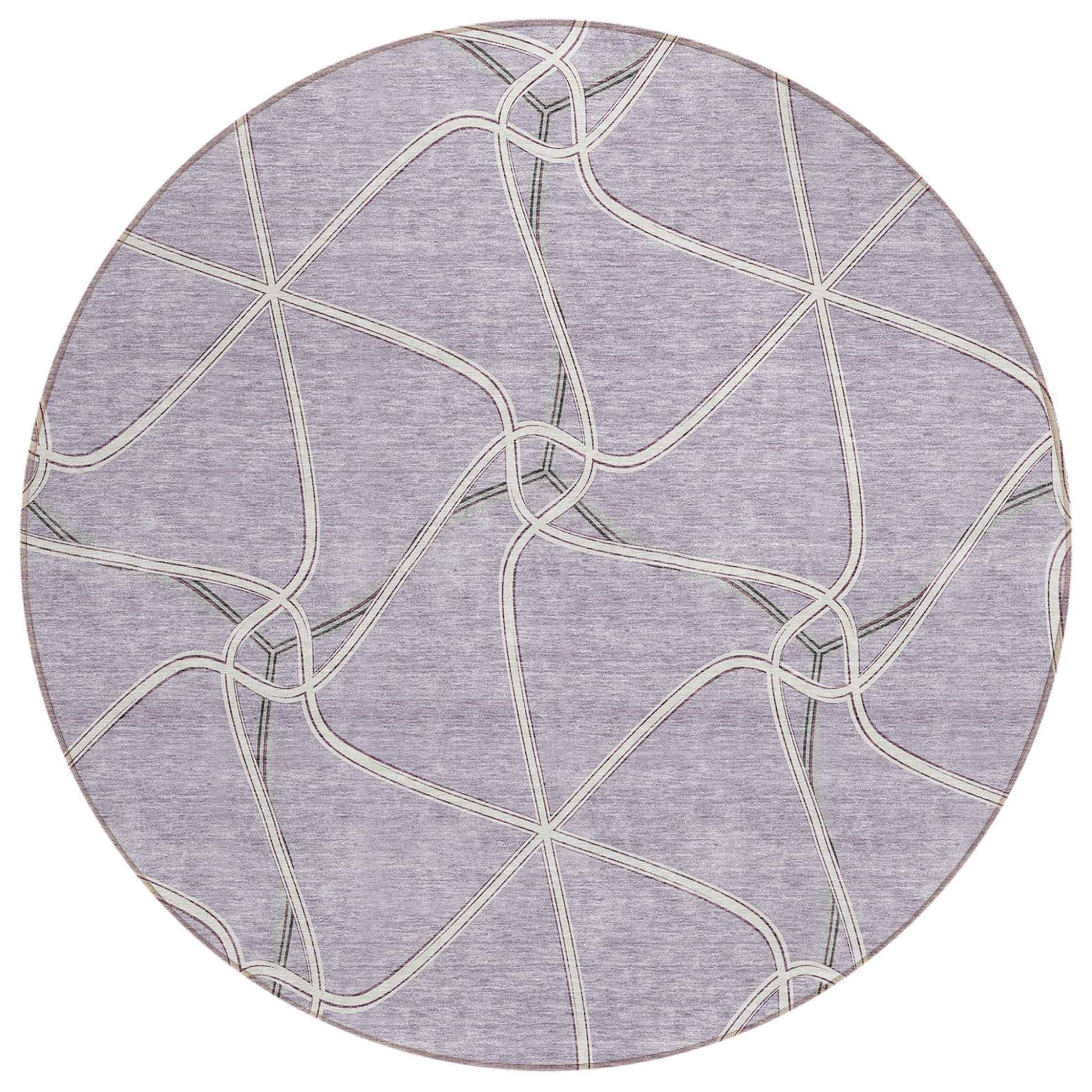 8' Lavender And Ivory Round Geometric Washable Indoor Outdoor Area Rug