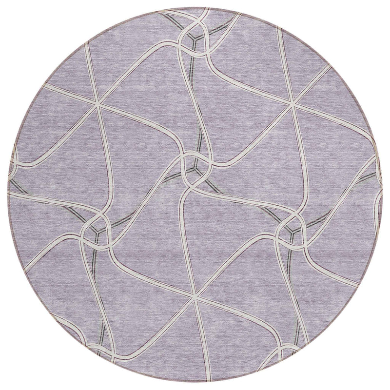 8' Lavender And Ivory Round Geometric Washable Indoor Outdoor Area Rug