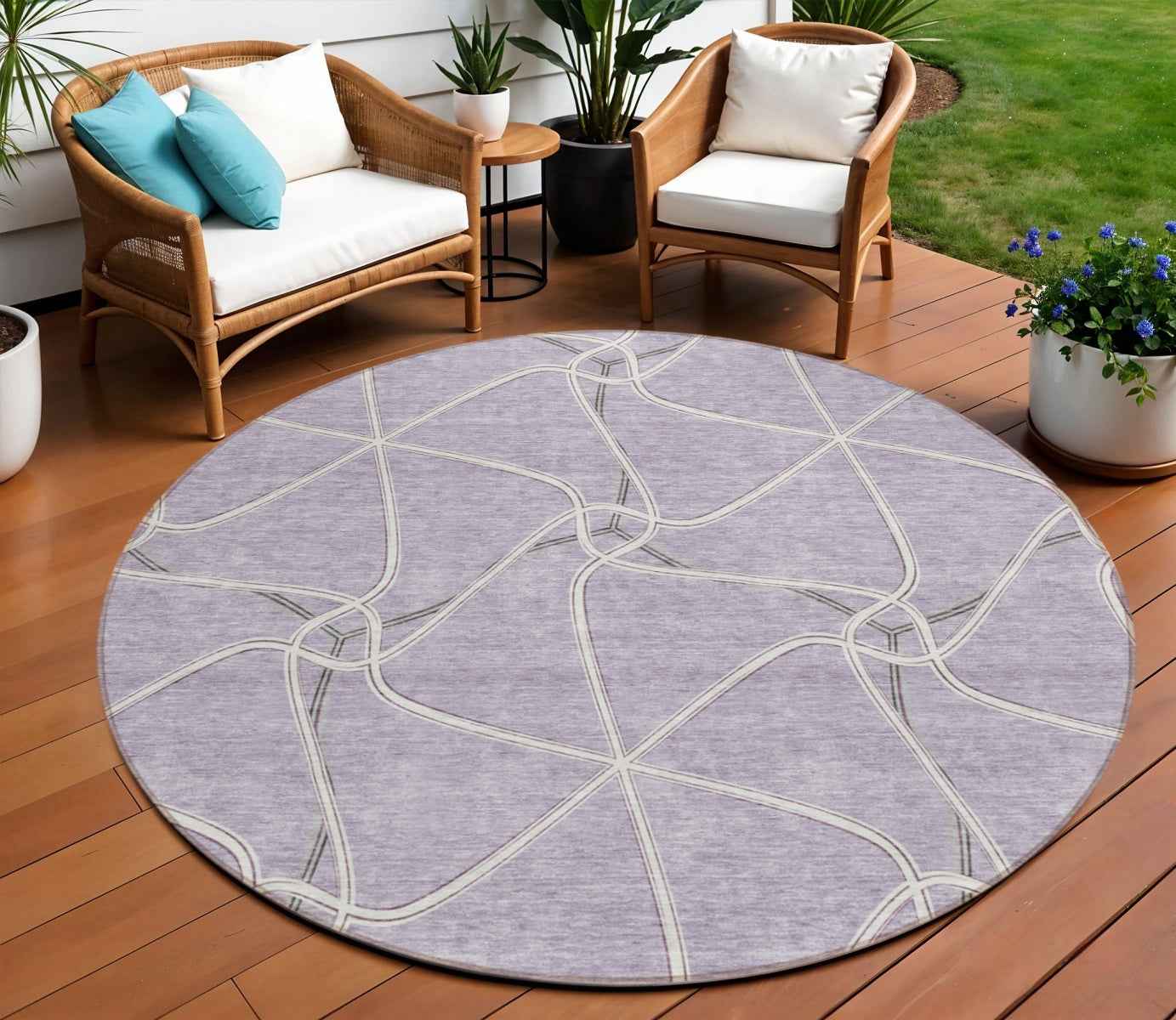 8' Lavender And Ivory Round Geometric Washable Indoor Outdoor Area Rug