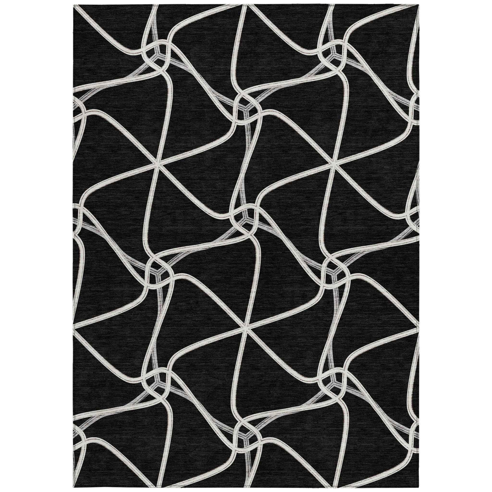 10' X 14' Black And Ivory Geometric Washable Indoor Outdoor Area Rug