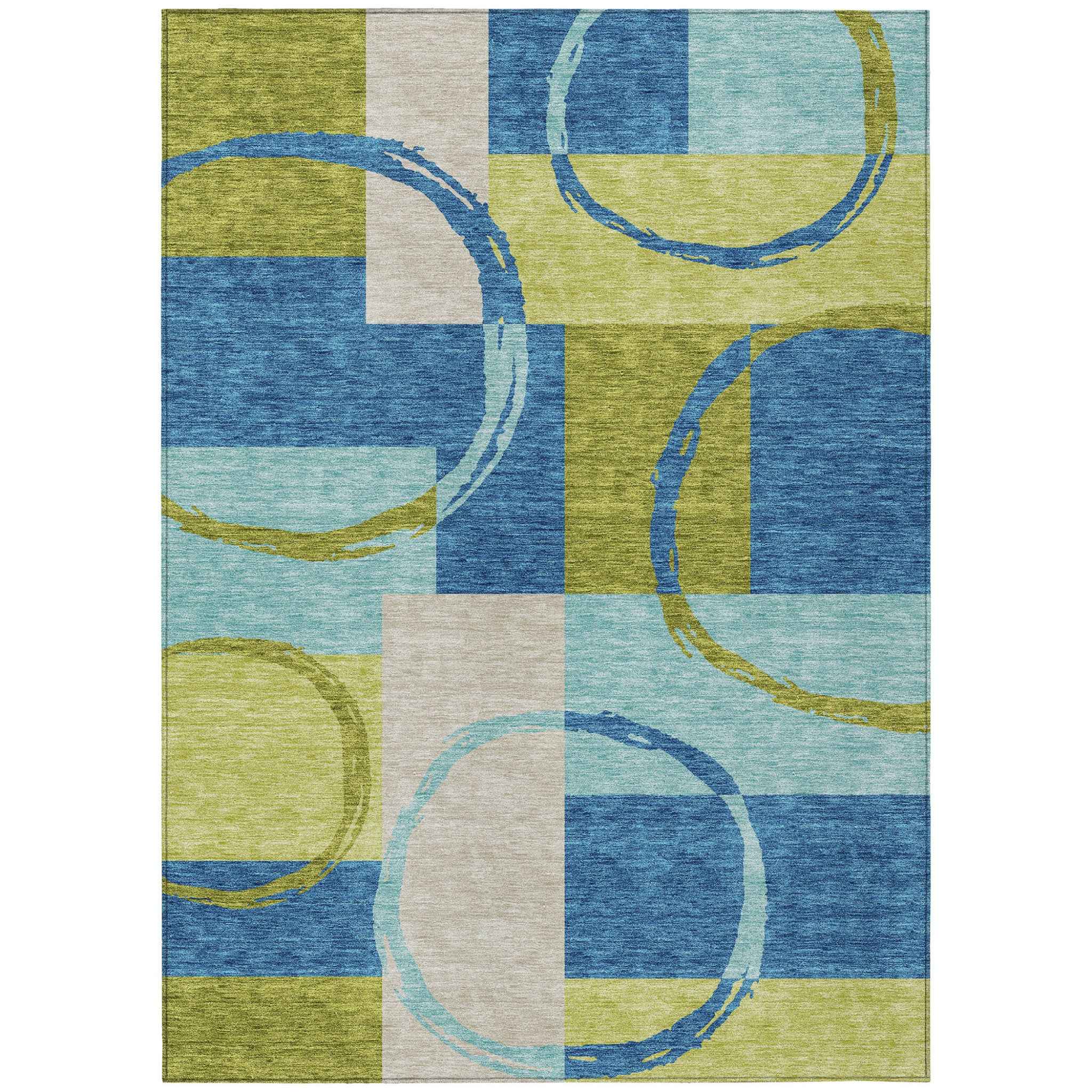 9' X 12' Denim Blue And Lime Green Geometric Washable Indoor Outdoor Area Rug