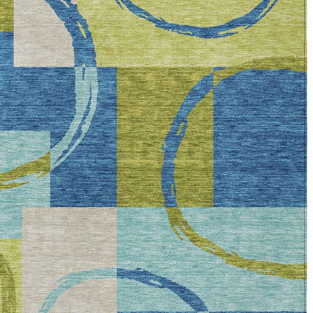 9' X 12' Denim Blue And Lime Green Geometric Washable Indoor Outdoor Area Rug