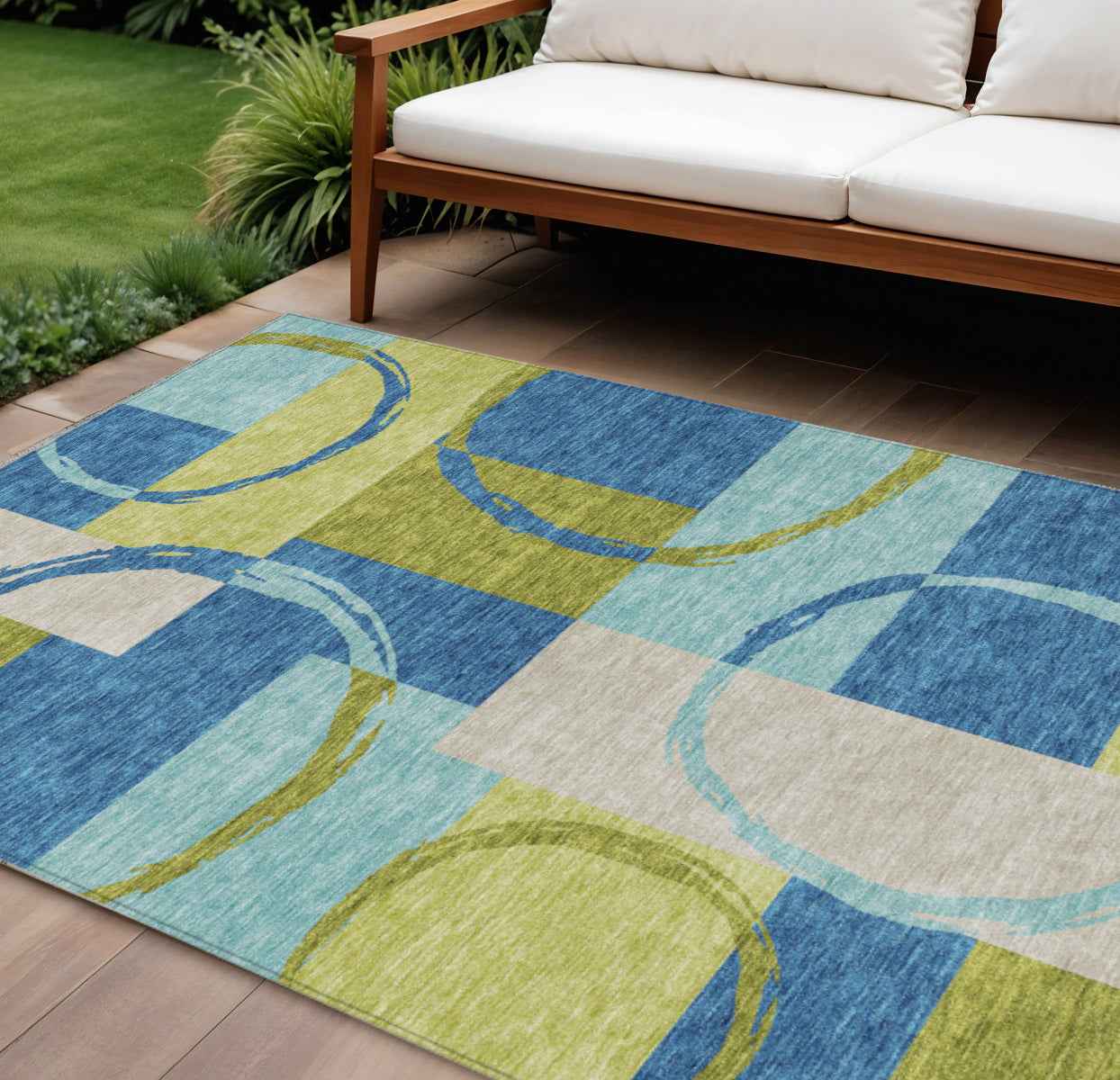 9' X 12' Denim Blue And Lime Green Geometric Washable Indoor Outdoor Area Rug