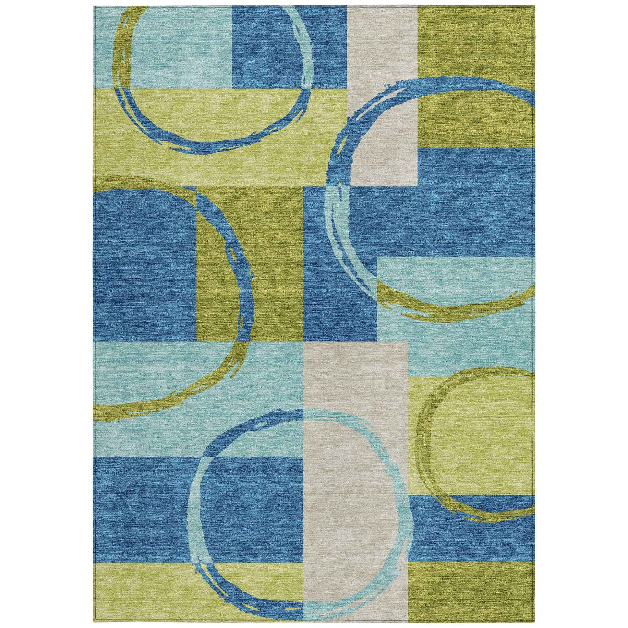 9' X 12' Denim Blue And Lime Green Geometric Washable Indoor Outdoor Area Rug