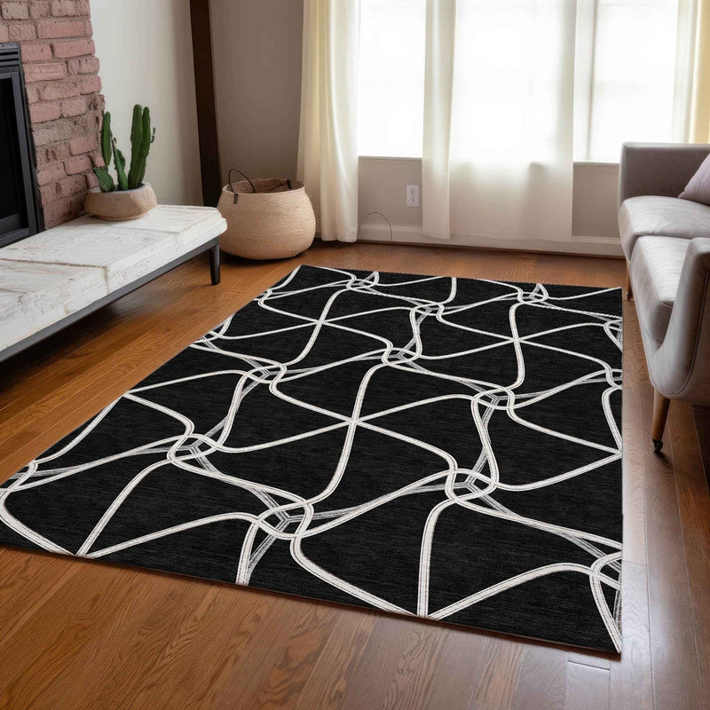 8' X 10' Black And Ivory Geometric Washable Indoor Outdoor Area Rug