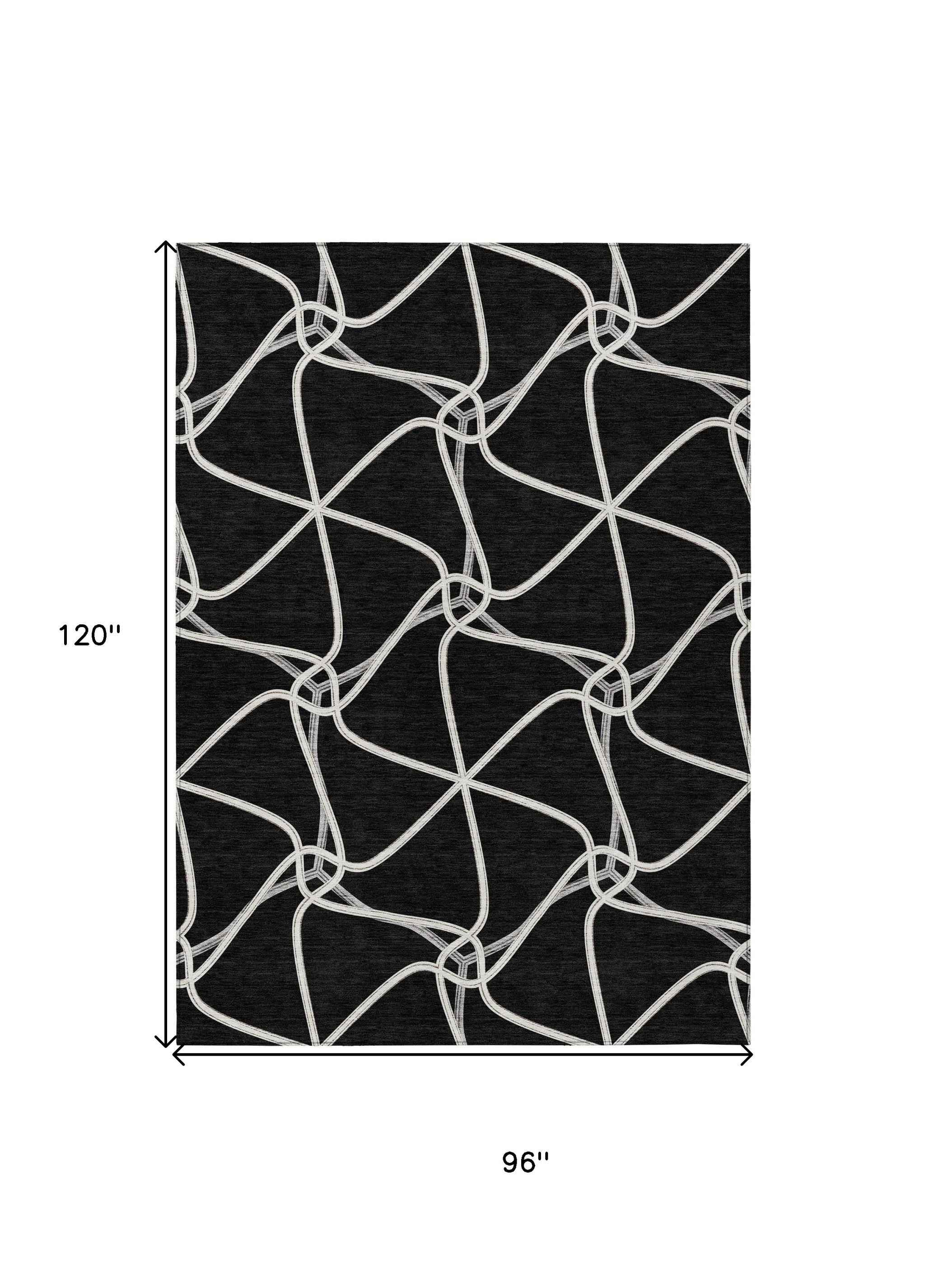 8' X 10' Black And Ivory Geometric Washable Indoor Outdoor Area Rug