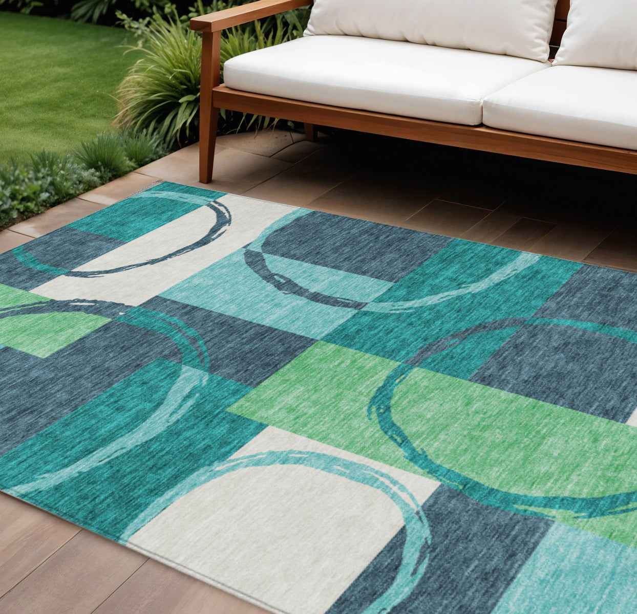 8' X 10' Teal Blue And Green Geometric Washable Indoor Outdoor Area Rug