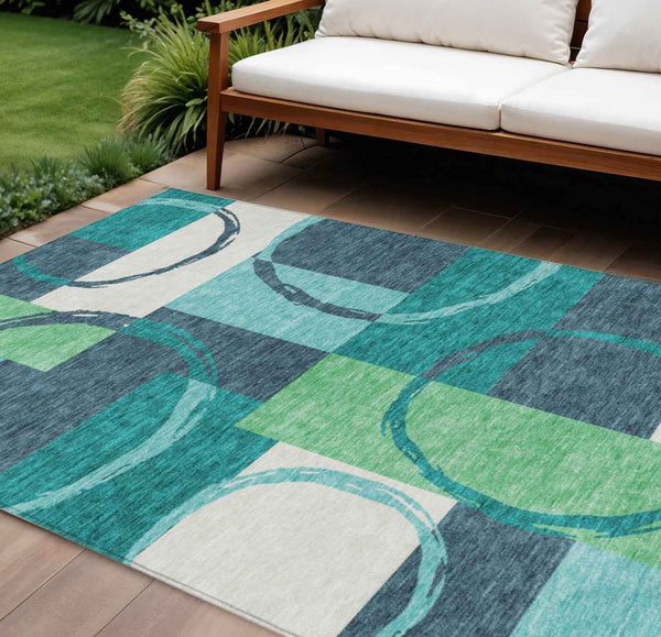 8' X 10' Teal Blue And Green Geometric Washable Indoor Outdoor Area Rug