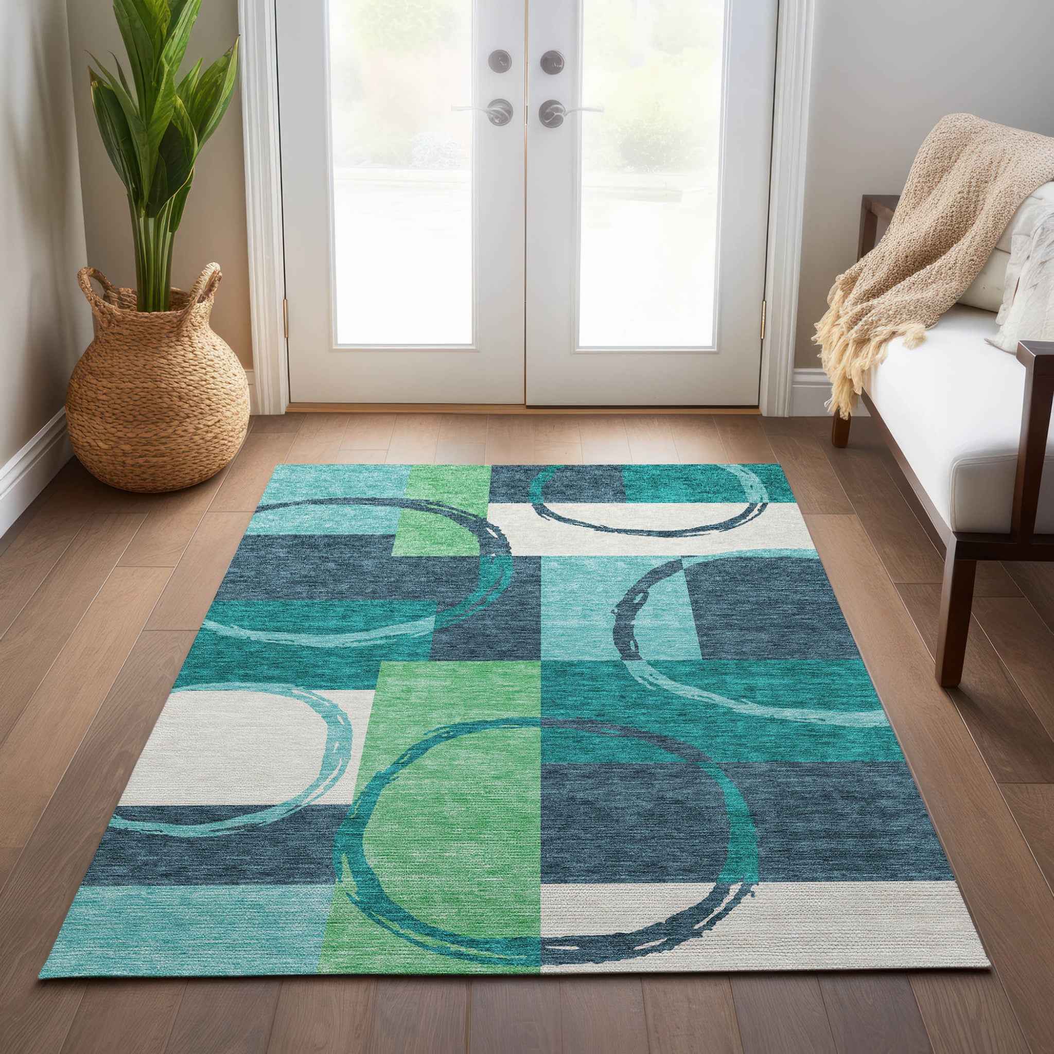 8' X 10' Teal Blue And Green Geometric Washable Indoor Outdoor Area Rug
