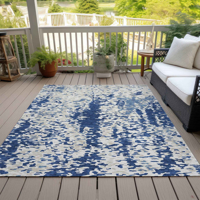 8' X 10' Navy Blue And Ivory Abstract Washable Indoor Outdoor Area Rug
