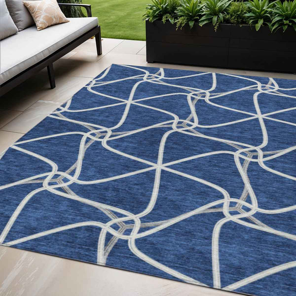 5' X 8' Blue And Ivory Geometric Washable Indoor Outdoor Area Rug