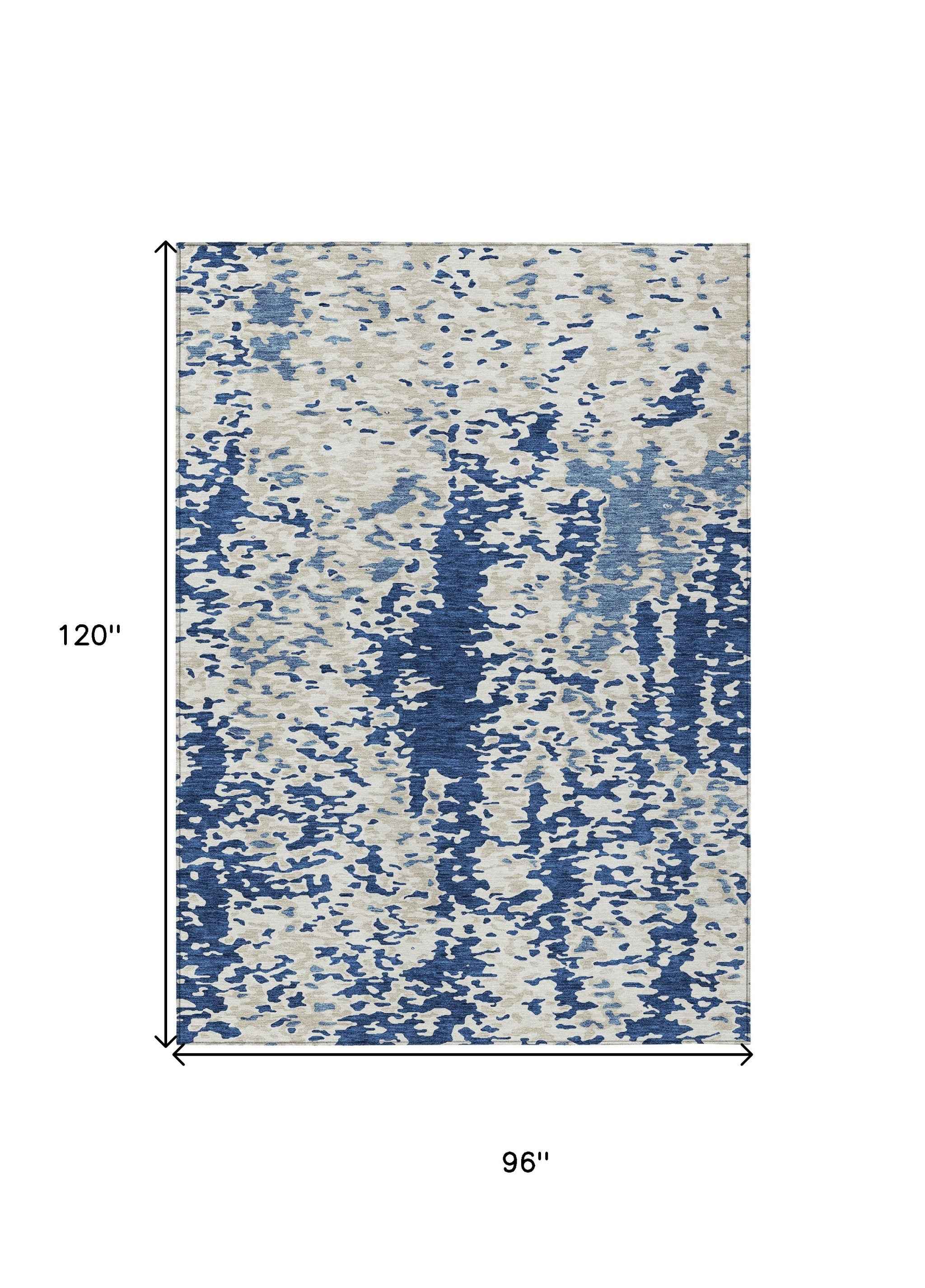 8' X 10' Navy Blue And Ivory Abstract Washable Indoor Outdoor Area Rug