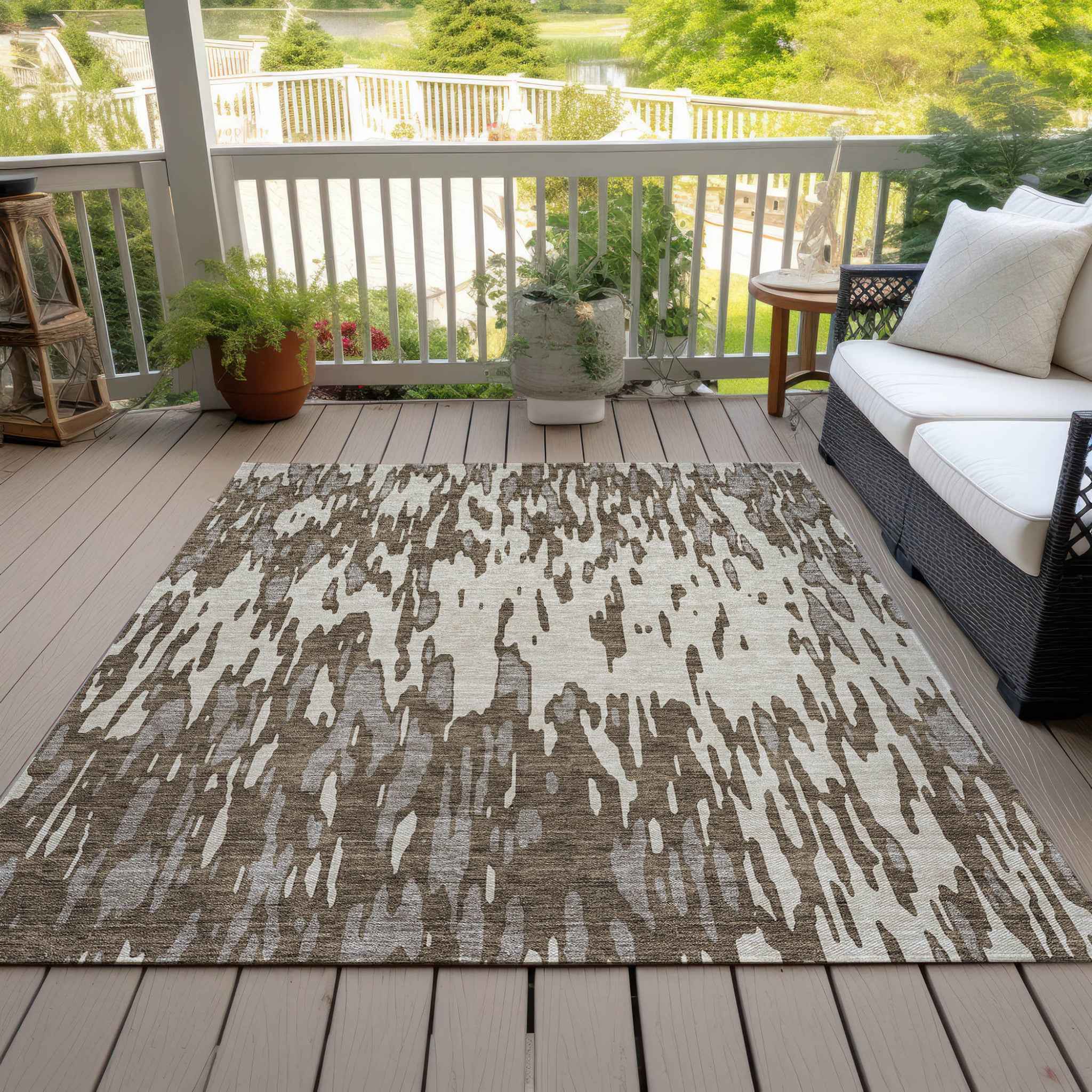 10' X 14' Brown And Ivory Abstract Washable Indoor Outdoor Area Rug